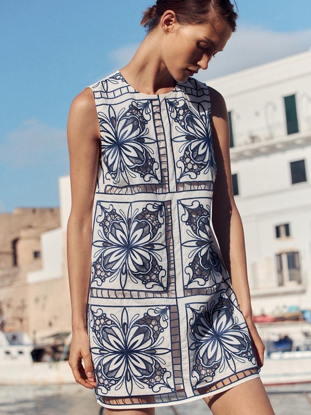 NWT H&M Broderie Anglaise White/Navy Blue Shift Dress XS